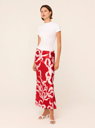 LAYLA RED RIBBON PRINT MAXI SKIRT - FEBE Clothing