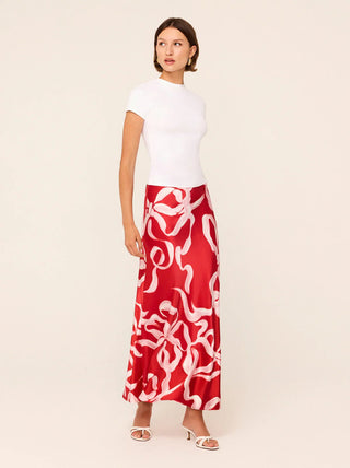 LAYLA RED RIBBON PRINT MAXI SKIRT - FEBE Clothing