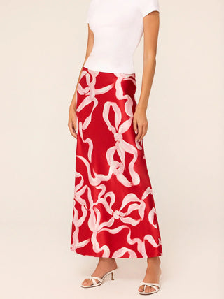 LAYLA RED RIBBON PRINT MAXI SKIRT - FEBE Clothing