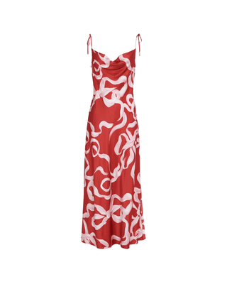 CINDY RED RIBBON PRINT MAXI DRESS - FEBE Clothing