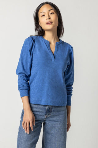 SHIRRED LONG SLEEVE SPLIT NECK - FEBE Clothing