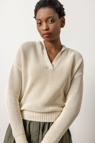 HOODED SPLIT NECK SWEATER - FEBE Clothing