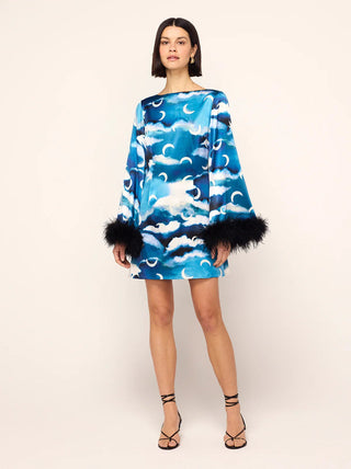 CELINA BLUE CLOUD PRINT FEATHER MINI DRESS - FEBE Clothing