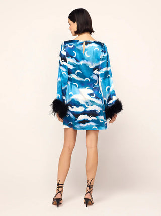 CELINA BLUE CLOUD PRINT FEATHER MINI DRESS - FEBE Clothing