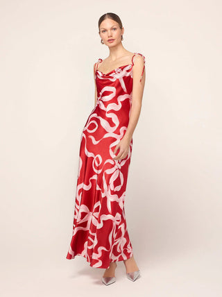 CINDY RED RIBBON PRINT MAXI DRESS - FEBE Clothing