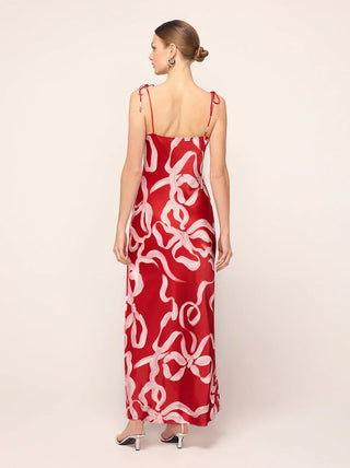 CINDY RED RIBBON PRINT MAXI DRESS - FEBE Clothing