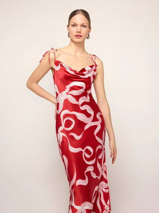 CINDY RED RIBBON PRINT MAXI DRESS - FEBE Clothing