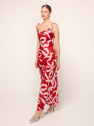 CINDY RED RIBBON PRINT MAXI DRESS - FEBE Clothing