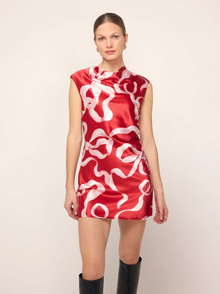 HESSA RED RIBBON PRINT MINI DRESS - FEBE Clothing