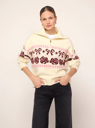 UMA IVORY BOW FAIRISLE QUARTER ZIP SWEATER - FEBE Clothing